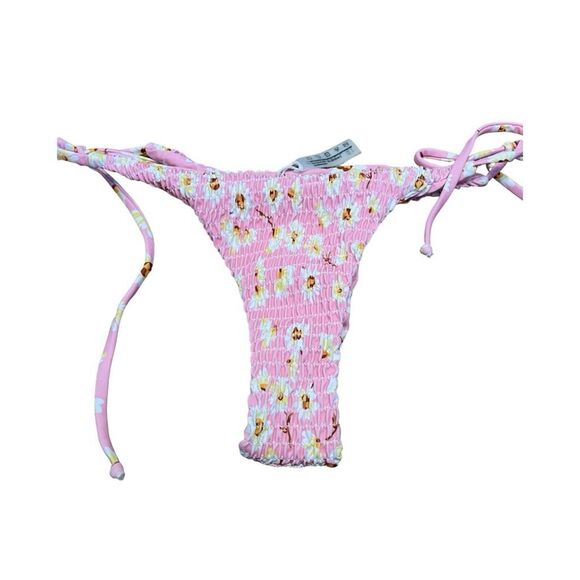 Zaful Textured Smocked String Bikini Bottom Pink Floral Print Crinkle Swimsuit 4 - Picture 1 of 9